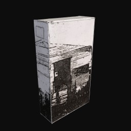 white rectangular cardboard box with black and white architectural detail printed on all sides