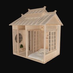 Small wood model of traditional japanese home with floor bed and circular