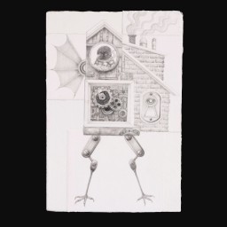 abstract drawing of house standing on long thin legs
