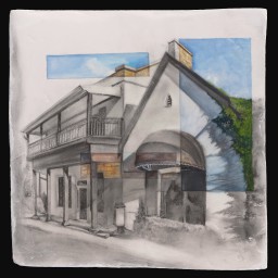 layered painting of grey double storey historic building