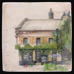 painting of colourful historic house with chimney on textured wallpaper peeling on the side