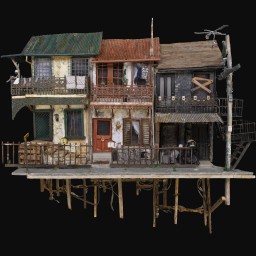 Detailed sculpture of three floating terrace houses