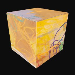 cube printed with abstract yellow, orange, purple and green painting