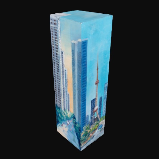 Verticle 3D box painted with sky scraper buildings