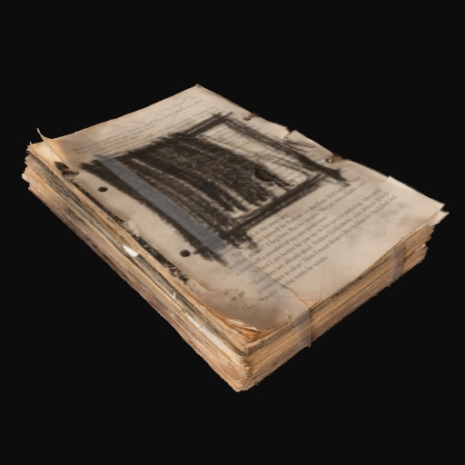 stack of stained book pages, black charcoal vertical lines on writing.