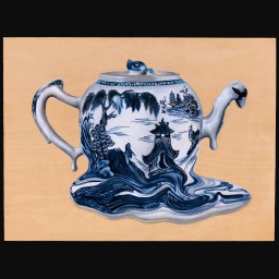 Image of blue and white china teapot melting into its design