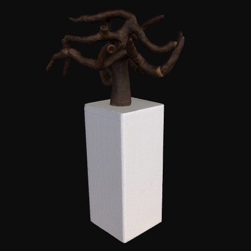 brown bare tree form growing out of a white plinth