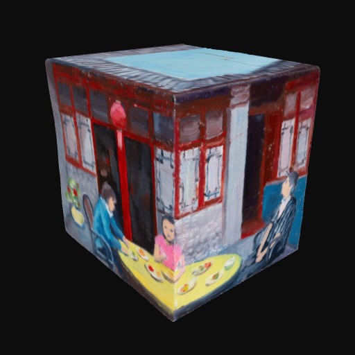 square 3D box with red window frames and people sitting at a table outside