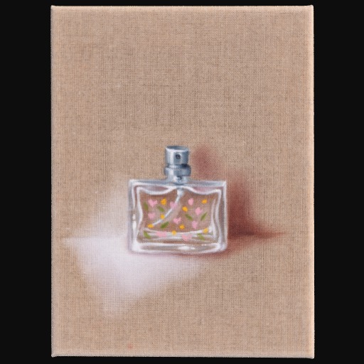 square perfume bottle in front of a beige, thatched background