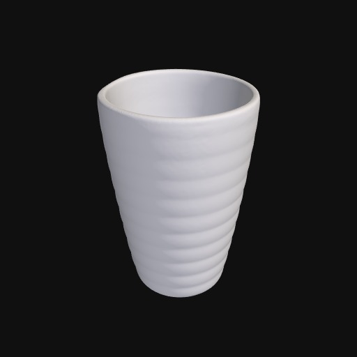 white vessel, shaped like a cup, textured horizontal lines around whole vessel.