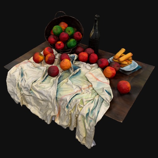 still life painting, apples in a basket and on sheet, jug and plate, sitting on wooden base.