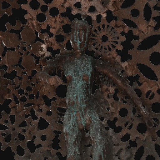 metal human form standing, arms spread on background of brown cogs and gears.