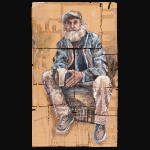 Image painted onto carboard backing of a bearded homeless man in a green jumper