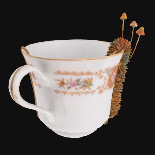 delicate white teacup with orange pattern wrapping around, long pointy colourful pattern extending down the vertical length of teacup.