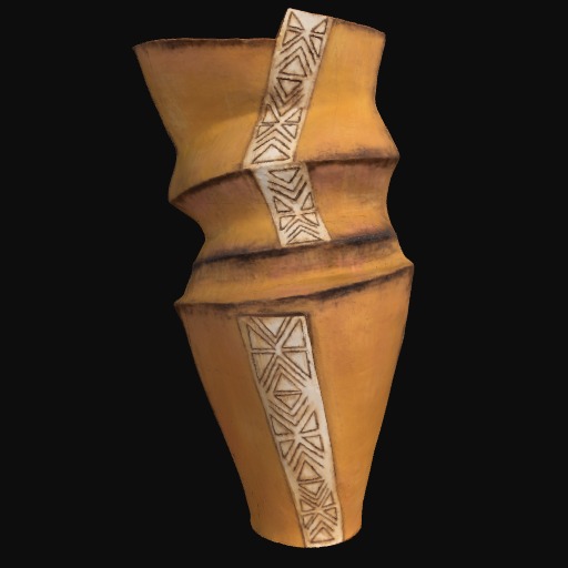 Mustard-coloured abstract sculpture with white stripe of geometric pattern