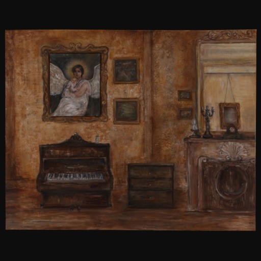 Home interior with a piano, fireplace and painting of an angel hung on the walll
