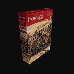rectangular cardboard cereal box with printed architectural detail printed on all sides