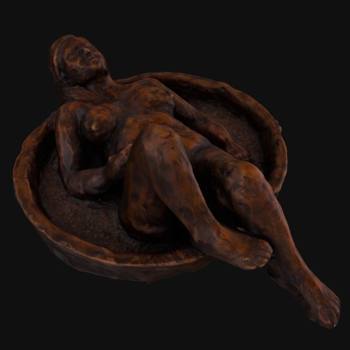 bronze sculpture of nude female form lying on her back on a circular base.