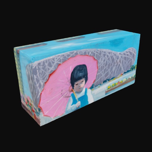 long 3D Box with detail of a young girl holding pink umbrella infront of Beijing Olympic Stadium