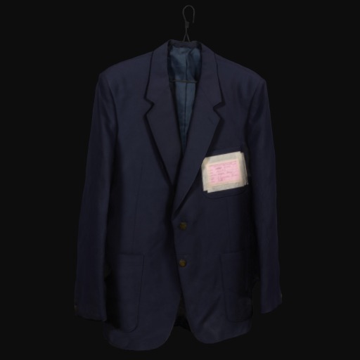 navy coat, rough edges on bottom, pink label taped to lapel.