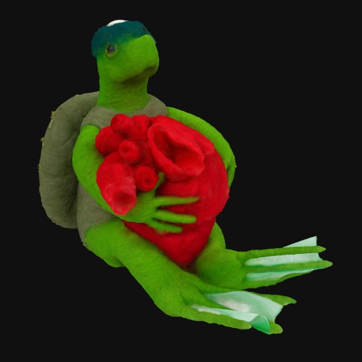 green felt turtle, dark green fringe, webbed feet, holding large red heart.
