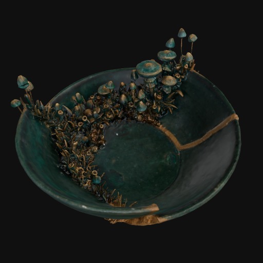 deep green ceramic bowl, gold detailing on the base and outside, green mushrooms growing inside.