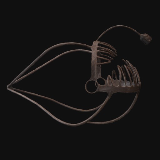 abstract metal anglerfish sculpture, black background.