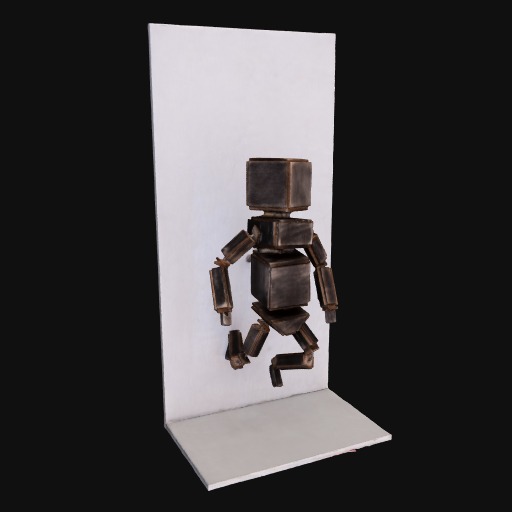 bronze tv-headed robot sculpture jumping, on white backdrop.