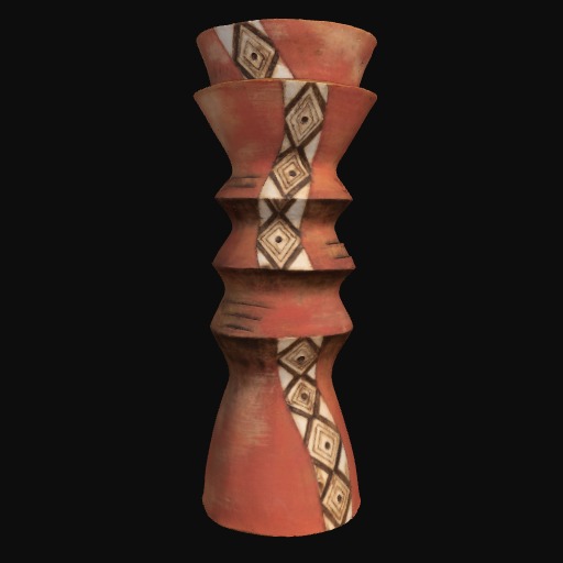 Red abstract sculpture with white stripe of geometric pattern 