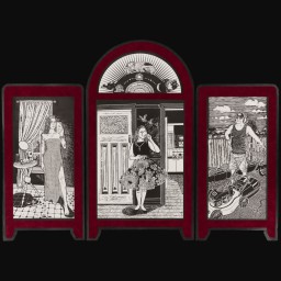 three lino black and white portraits of men and women in their habitat framed in red with a rounded arch in the centre
