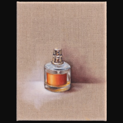 perfume bottle with rounded edges and an orange label in front of a beige, thatched background