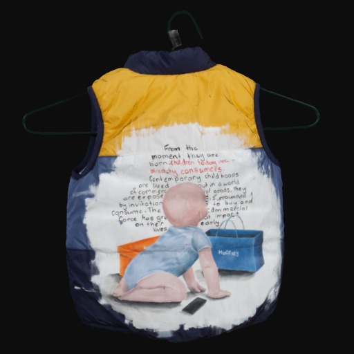 back of blue and yellow vest on coat hanger, white circular feature with hand writing, sketch of baby crawling looking up.