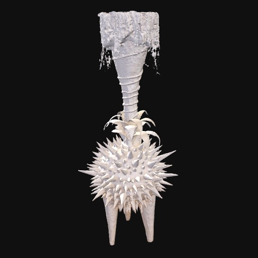 tall white ceramic sculpture, abstract lamp-shade top, diagonal lines wrapping around neck, sea urchin feature in the centre and three long triangular legs.