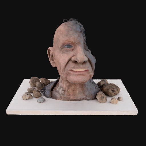 sculpture of rotting head , male features, skin colour with black tones, rocks scattered around neck, sitting on white board.
