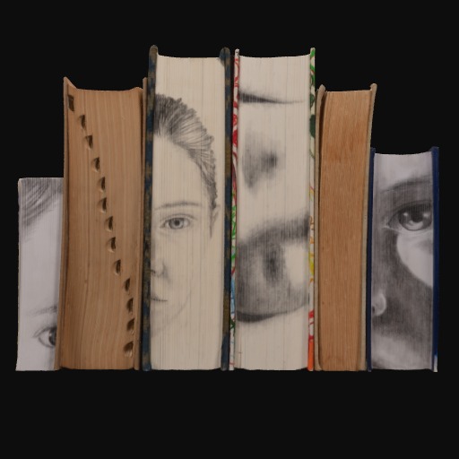 Book spines decorated with close up black and white female faces