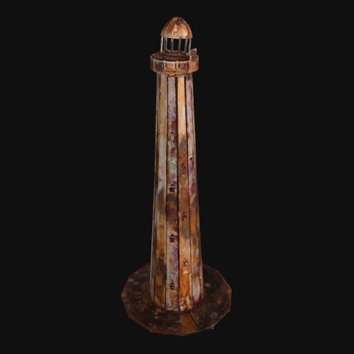 rusty metal model lighthouse standing tall.