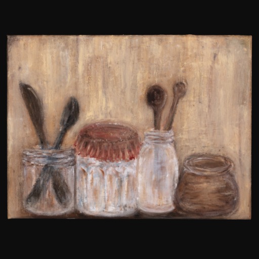 a collection of jars and wooden spoons on textured background