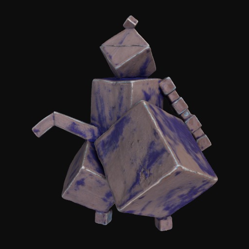 Sculpture of an abstract figure made up of grey and blue cubes