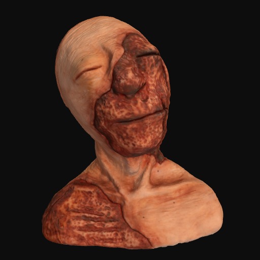 orange sculpture of partially decayed face with natural tones