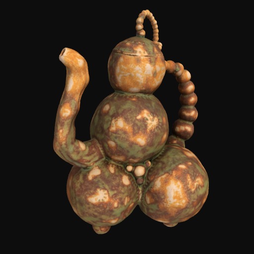 Sculpture of an abstract figure made up of spherical green and yellow objects