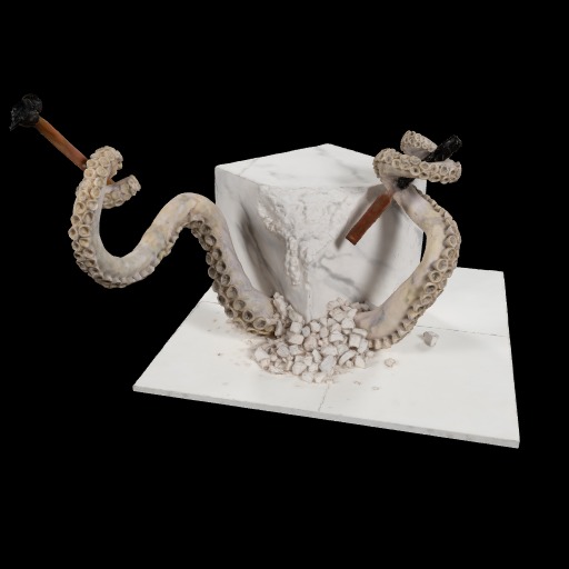 marble block sculpture with two tenticles breaking out of the rock holding hammers on a white base.
