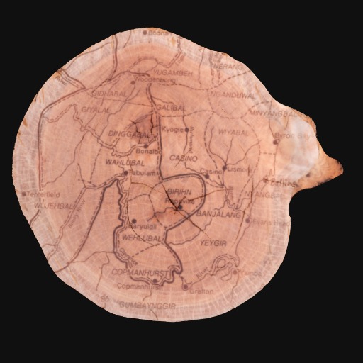 map on circular tree stump, dotted lines and labels scattered.