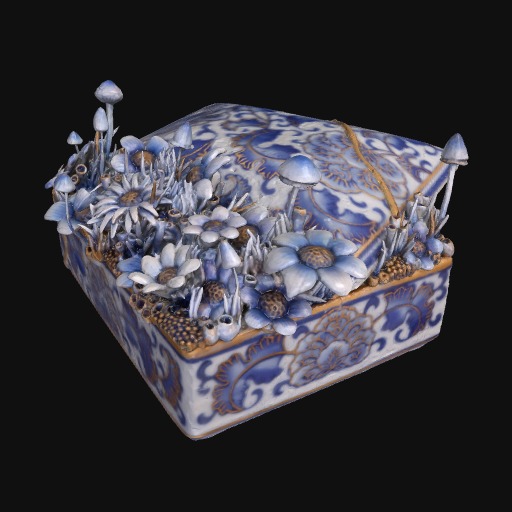 square blue and white ceramic vessel with lid, pushed open by blue and white flowers growing inside, gold detailing around edge.
