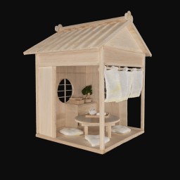 Small wood model of traditional japanese home with dining table, bonsi tree and circular
