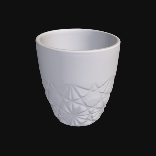 white vessel, shaped like a cup, textured diagonal lines around the bottom.