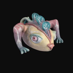 Pastel coloured ceramic sculpture of two-armed monster with big eyes and three leaves growing from the top of its head.