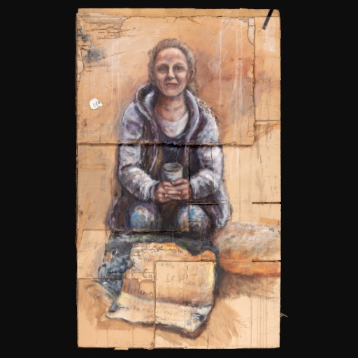 Image painted onto carboard backing of a homeless woman