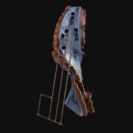 tall abstract sculpture, high rise building with small square windows and spiral outline in rusty tones, long vertical lines supporting on black background.