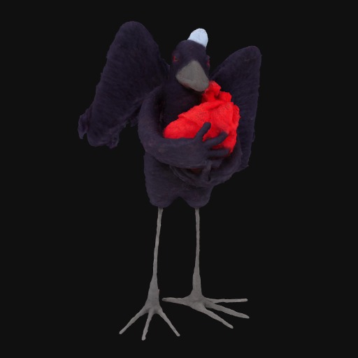 black felt raven, small blue hat, long grey legs, standing holding large red heart.