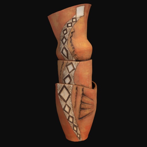 Orange abstract sculpture with stripe of white geometric pattern 